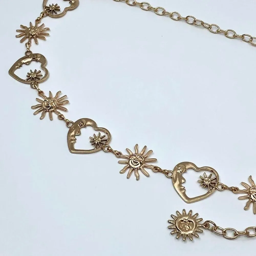 Celestial Gold Sun Heart Crescent Moon Chain Belt, Fits 20–39.5 Inches, X7GA1158